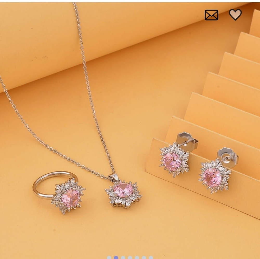 🆕Simulated Pink and White Diamond Ring (Size 8.0), Earrings & Pendant Necklace - Picture 2 of 7